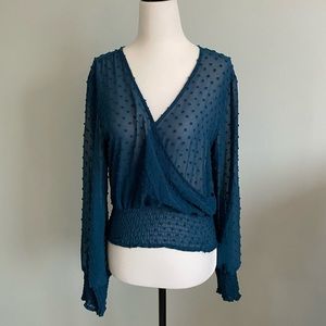 Dynamite Swiss Dot Wrap Smocked Blouse